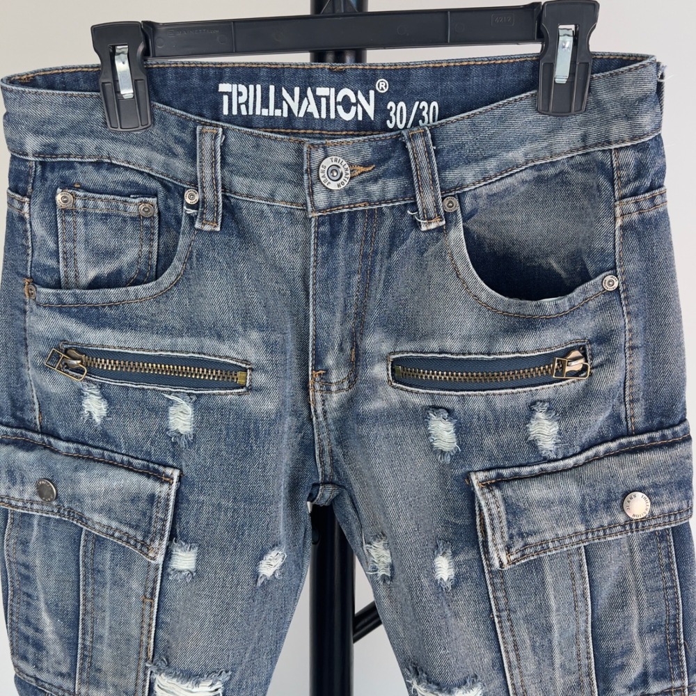 Trill Nation Mens 30x30 Moto Biker Cargo Jeans Distressed Blue Denim Ribbed Knee - Picture 11 of 13